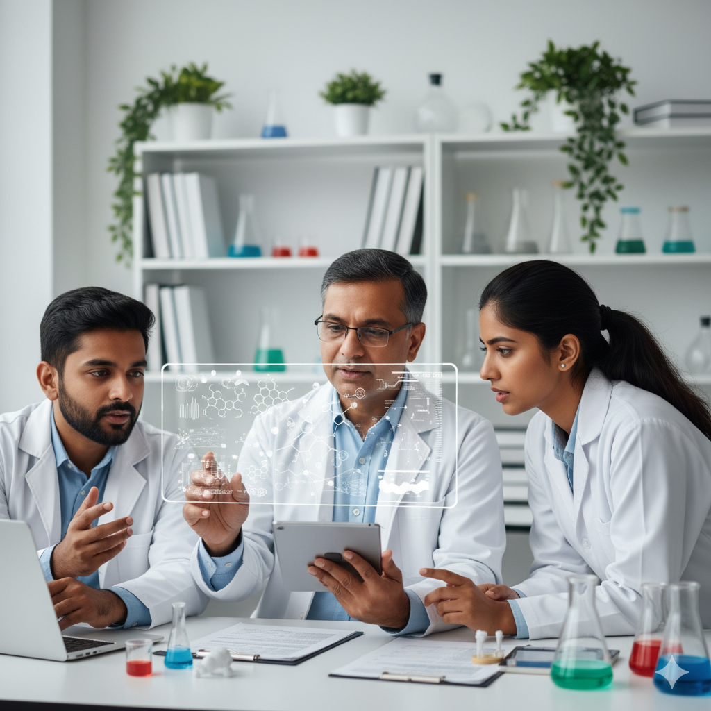 Three scientists in white lab coats collaborating in a laboratory