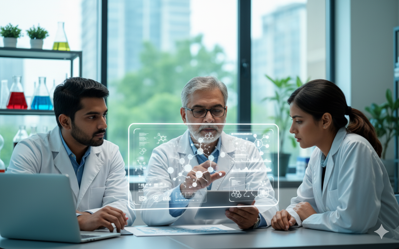 Three scientists in white lab coats collaborating in a laboratory